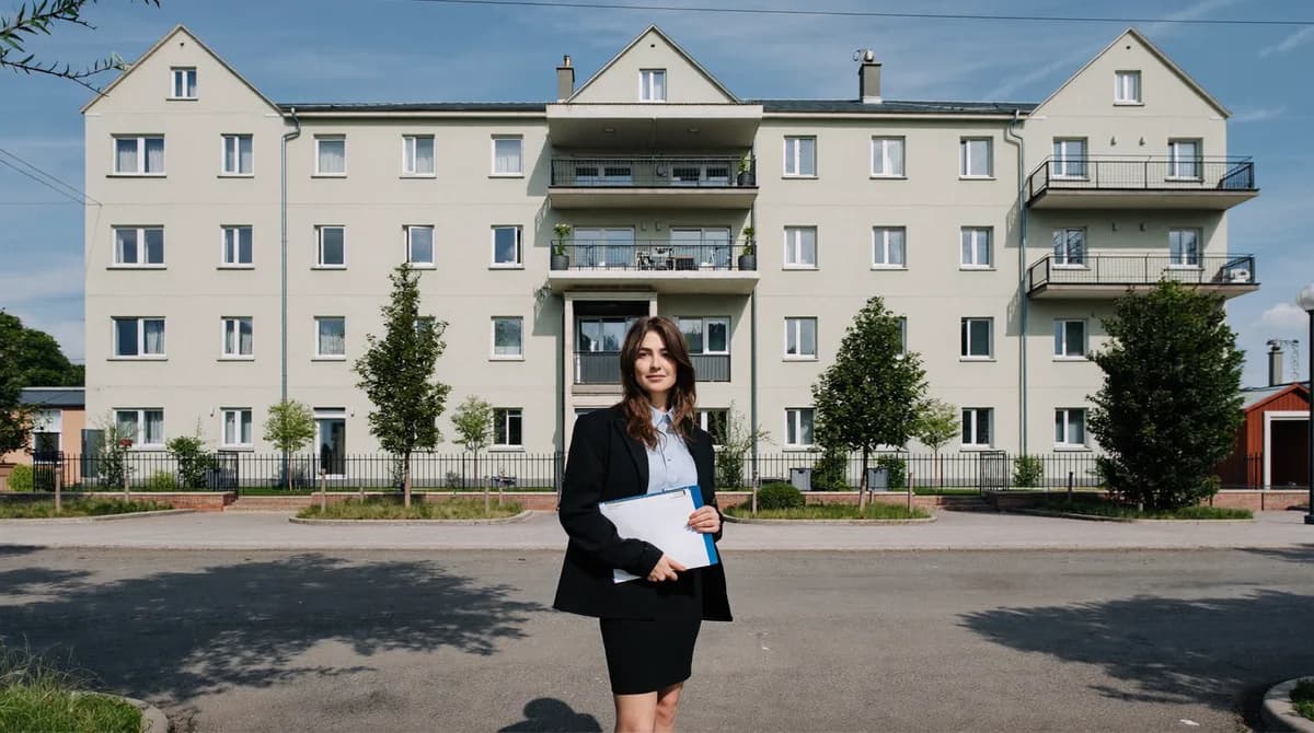 Hausverwalterin mit Unterlagen vor einem Mehrfamilienhaus