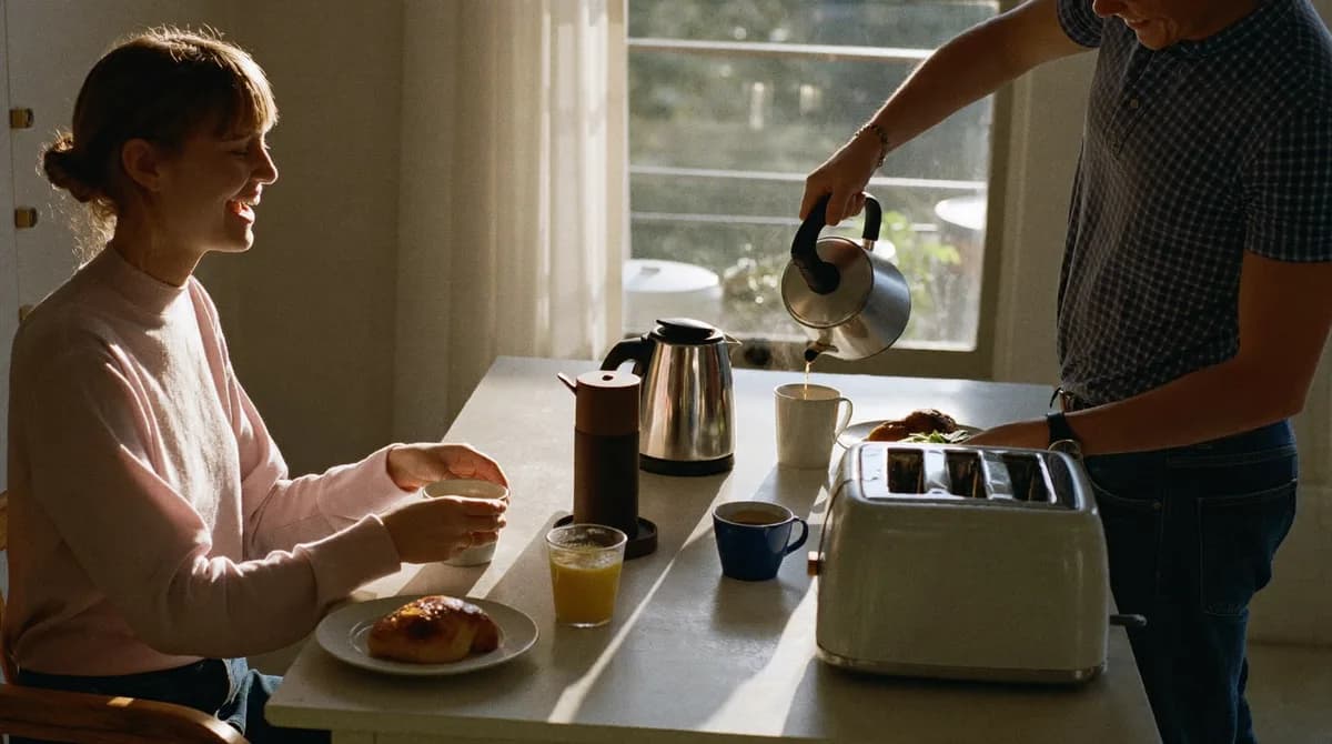 Paar beim Frühstück, auf der Arbeitsplatte laufen Wasserkocher und Toaster