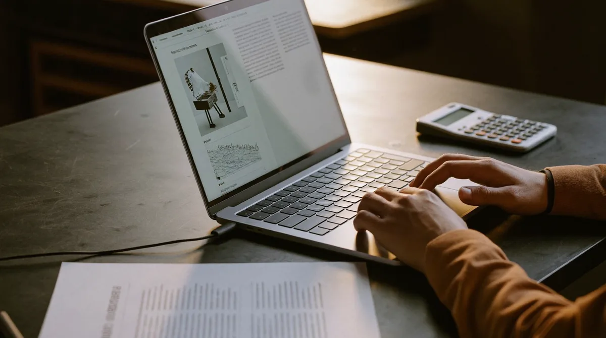Schreibtisch mit Laptop, Unterlagen und Taschenrechner beim Tarif-Check